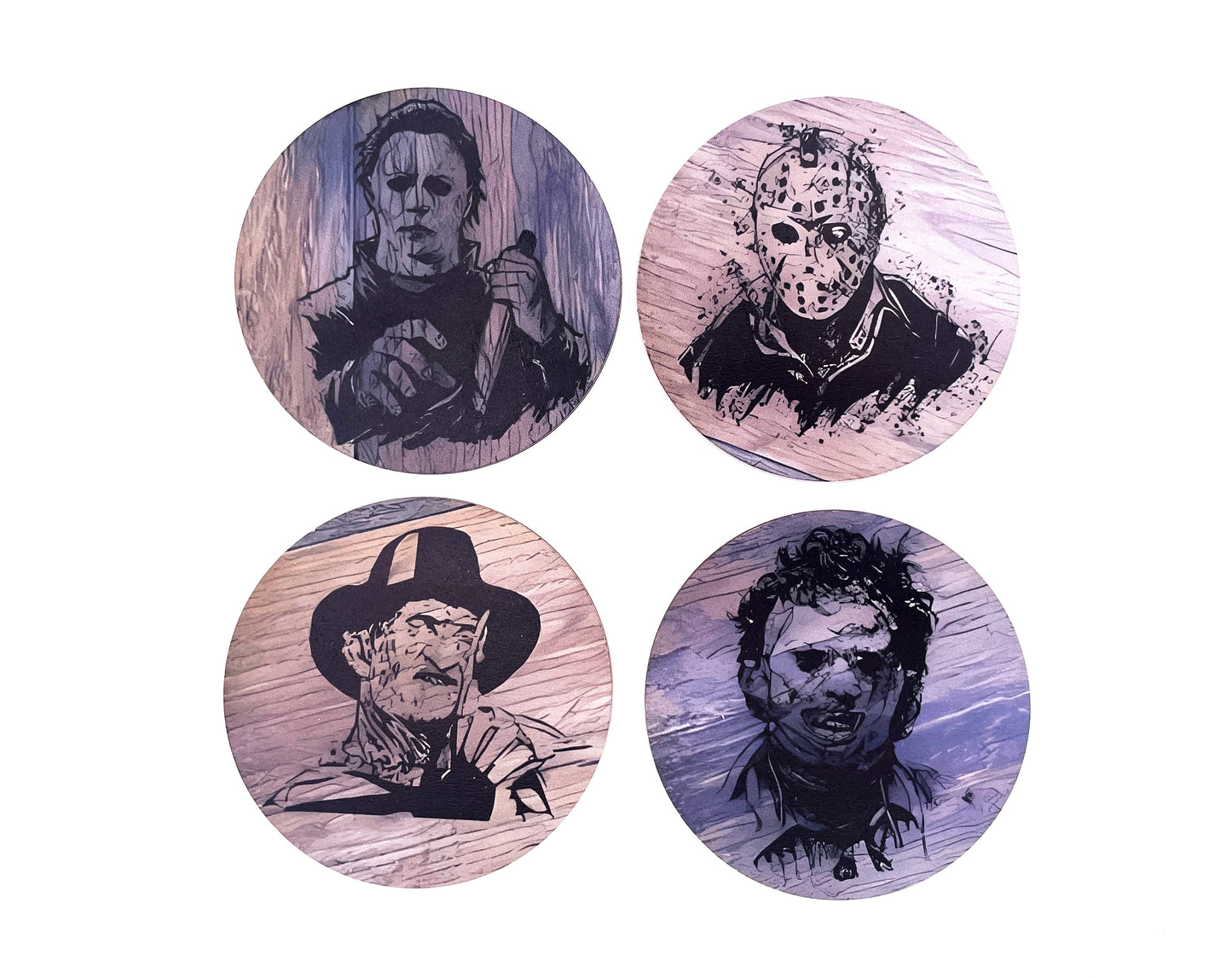 Sottobicchieri Horror set 4 Pezzi Movie di Halloween, Nightmare, Venerdì 13 e Non Aprite Quella Porta in bianco e nero, per tè, poggia bustine, bevande, colazione, birra, idee regalo