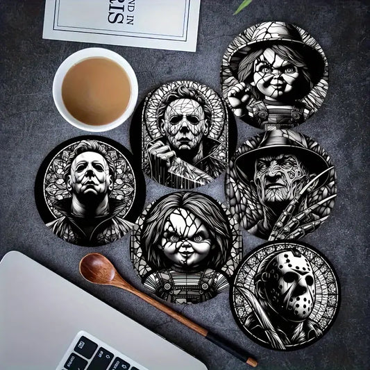 Sottobicchieri Horror set 6 Pezzi Movie Halloween, Freddy Krueger, Jason, Chucky La Bambola Assassina, Notte Horror, Jason, in bianco e nero, per tè, poggia bustine, bevande, colazione, birra, idee regalo