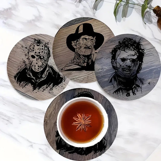 Sottobicchieri Horror set 4 Pezzi Movie di Halloween, Nightmare, Venerdì 13 e Non Aprite Quella Porta in bianco e nero, per tè, poggia bustine, bevande, colazione, birra, idee regalo